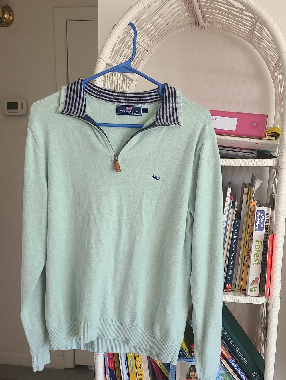Vineyard Vines Men’s Mint Green Quarter-Zip Sweater with Navy Striped Collar
